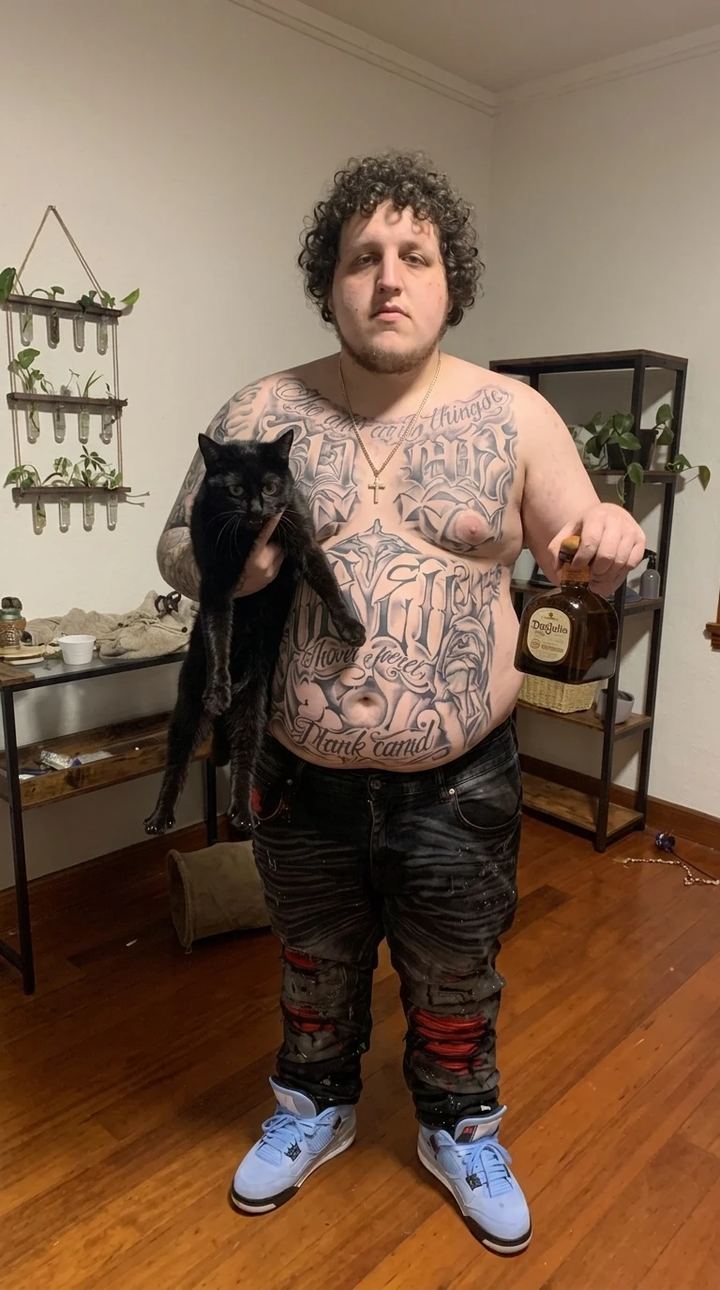 shirtless and tattooed, holding a black cat and a bottle