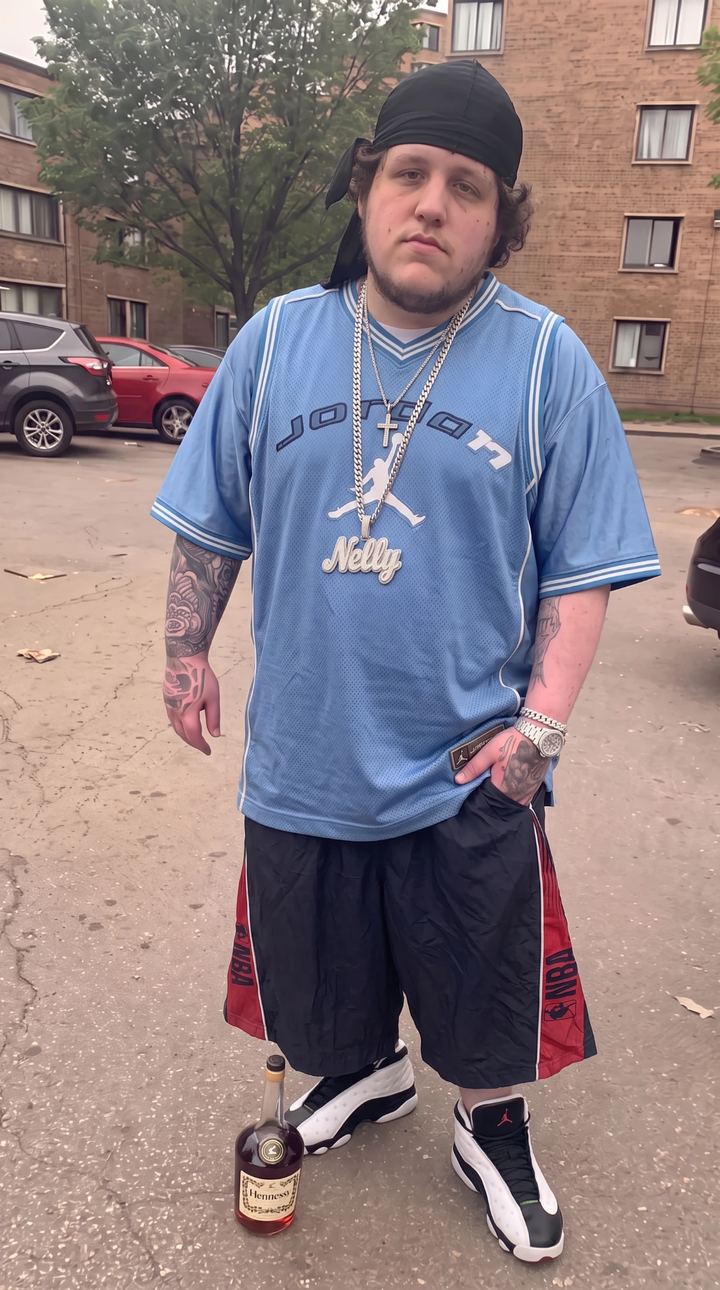 light blue jersey, iced-out chains, bottle at his feet
